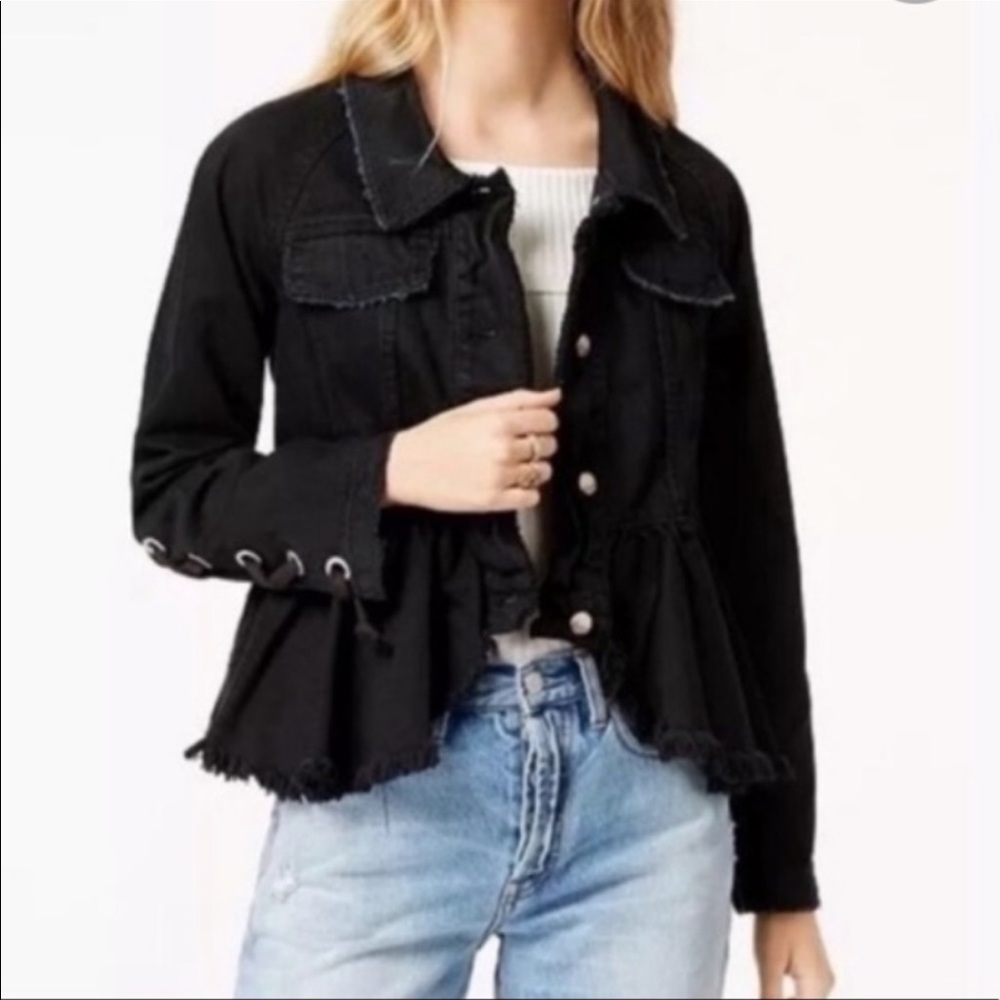 Free People Black Raw-Edge Denim Jacket with Side Tie Details NWT - Picture 5 of 16